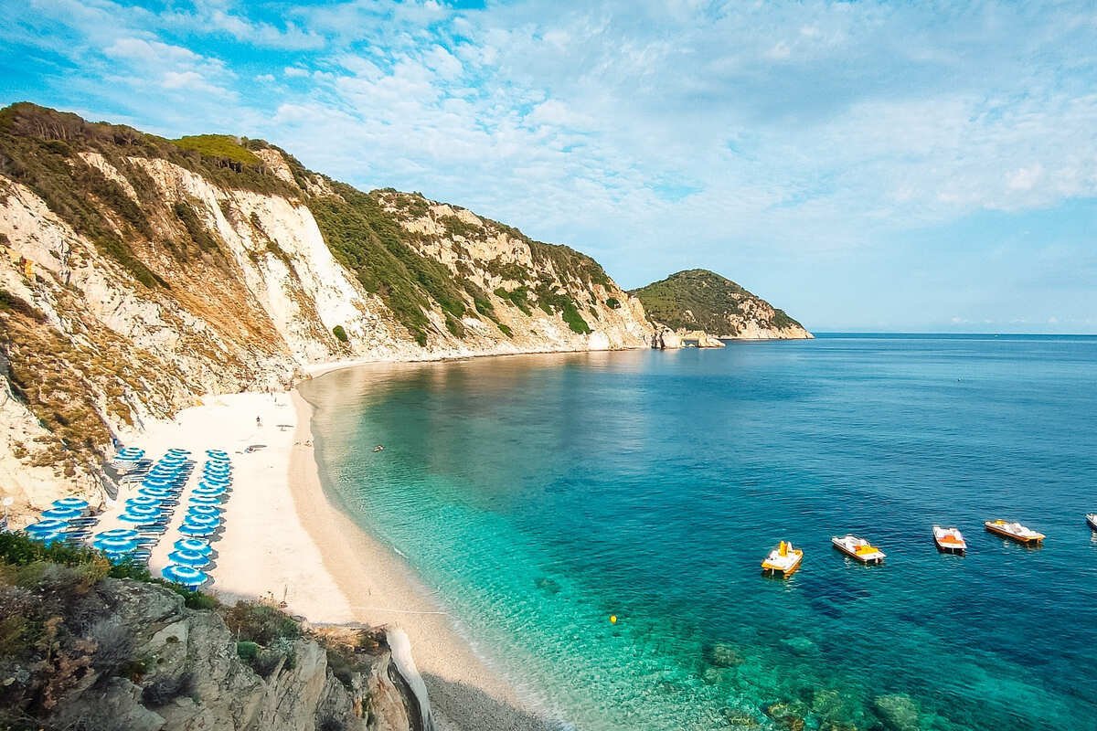 Famous Beach Bounded By The Mediterranean Sea In Isola di Elba, Italy, Southern Europe